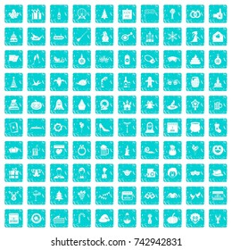 100 holidays icons set in grunge style blue color isolated on white background vector illustration