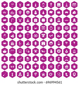 100 holidays icons set in violet hexagon isolated vector illustration