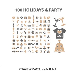 100 holidays, party, event icons set, vector