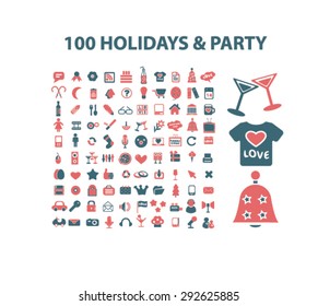 100 holidays and party isolated vector icons