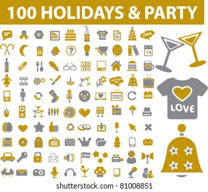 100 holidays & party signs, icons, vector
