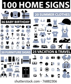 100 home & decor & clothes & baby & vacation icons, signs, vector illustrations