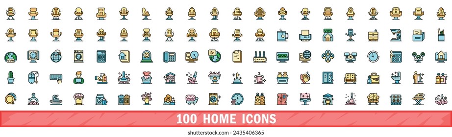 100 home icons set. Color line set of home vector icons thin line color flat on white