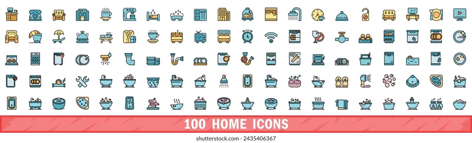 100 home icons set. Color line set of home vector icons thin line color flat on white