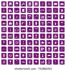 100 home items icons set in grunge style purple color isolated on white background vector illustration