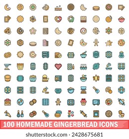 100 homemade gingerbread icons set. Color line set of homemade gingerbread vector icons thin line color flat on white
