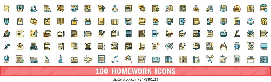 100 homework icons set. Color line set of homework vector icons thin line color flat on white