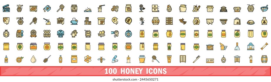 100 honey icons set. Color line set of honey vector icons thin line color flat on white