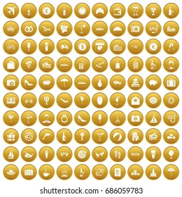 100 honeymoon icons set in gold circle isolated on white vectr illustration