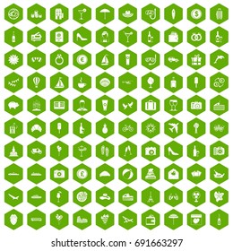 100 honeymoon icons set in green hexagon isolated vector illustration