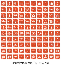 100 honeymoon icons set in grunge style orange color isolated on white background vector illustration