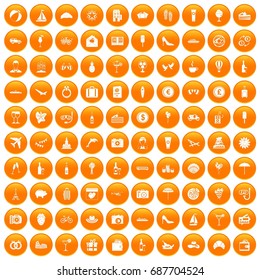 100 honeymoon icons set in orange circle isolated vector illustration