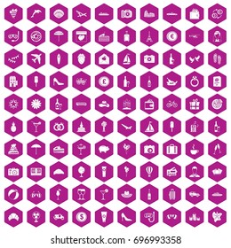 100 honeymoon icons set in violet hexagon isolated vector illustration