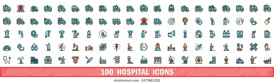 100 Krankenhaus-Icons gesetzt. Farbliniensatz der Krankenhaus-Vektor-Symbole dünne Linie Farbe flach auf weiß