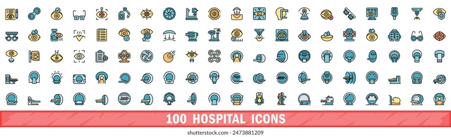 100 Krankenhaus-Icons gesetzt. Farbliniensatz der Krankenhaus-Vektor-Symbole dünne Linie Farbe flach auf weiß