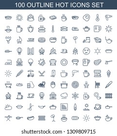 100 hot icons. Trendy hot icons white background. Included outline icons such as cup with heart, pan, sun, sausage, soup, hair dryer, radiator, hot dog. icon for web and mobile.