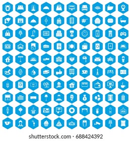 100 hotel icons set in blue hexagon isolated vector illustration