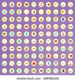 100 hotel icons set in cartoon style on purple background vector illustration