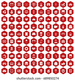 100 hotel icons set in red hexagon isolated vector illustration