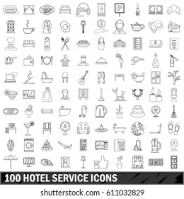 100 hotel service set in outline style for any design vector illustration