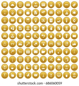 100 hotel services icons set in gold circle isolated on white vectr illustration
