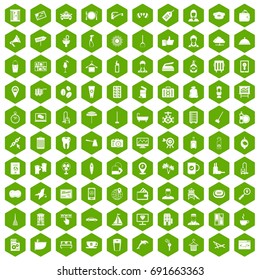 100 hotel services icons set in green hexagon isolated vector illustration