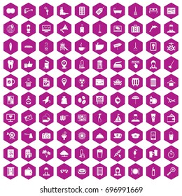 100 hotel services icons set in violet hexagon isolated vector illustration