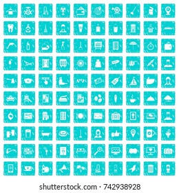 100 hotel services icons set in grunge style blue color isolated on white background vector illustration