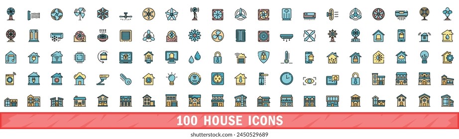 100 house icons set. Color line set of house vector icons thin line color flat on white