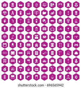 100  house icons set in violet hexagon isolated vector illustration