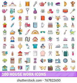 100 house work icons set. Cartoon illustration of 100 house work vector icons isolated on white background