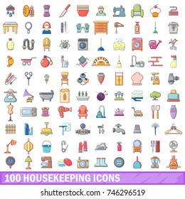 100 housekeeping icons set. Cartoon illustration of 100 housekeeping vector icons isolated on white background