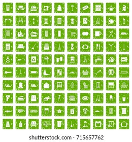 100 housework icons set in grunge style green color isolated on white background vector illustration