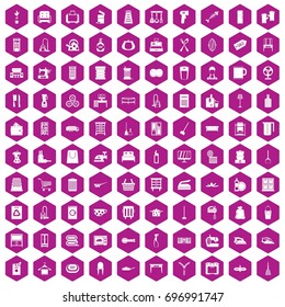 100 housework icons set in violet hexagon isolated vector illustration