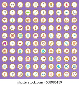 100 human health icons set in cartoon style on purple background vector illustration