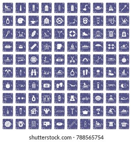 100 human health icons set in grunge style sapphire color isolated on white background vector illustration