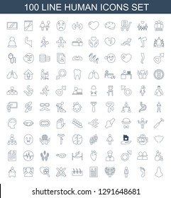 100 human icons. Trendy human icons white background. Included line icons such as nose, foot print, user, group, resume, hair, no bleaching, heartbeat search. human icon for web and mobile.