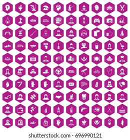 100 human resources icons set in violet hexagon isolated vector illustration