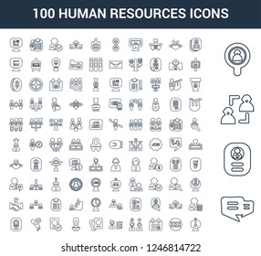 100 Human Resources universal linear icons set with Conversation, Resume, Recruitment, Profiles, Rating, Appointment, Hi, Skills, Hiring