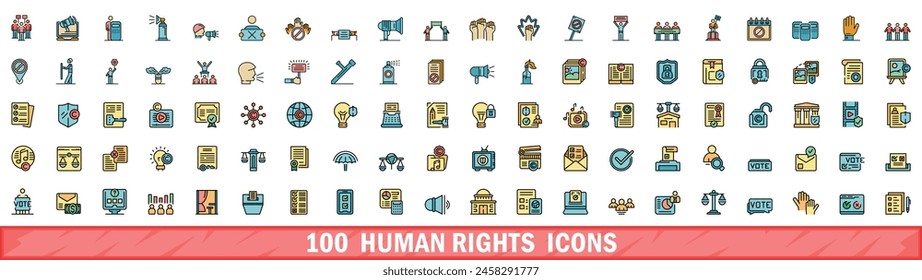 100 human rights icons set. Color line set of human rights vector icons thin line color flat on white