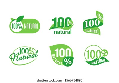 100% hundred percents natural sticker set - isolated vector quality stamp for healthy food products in 6 different options - eco-friendly icon collection