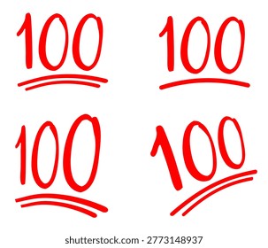 100 hundred points emoticon icon Set of hundred percent score emoji symbol for exam test quality and social media