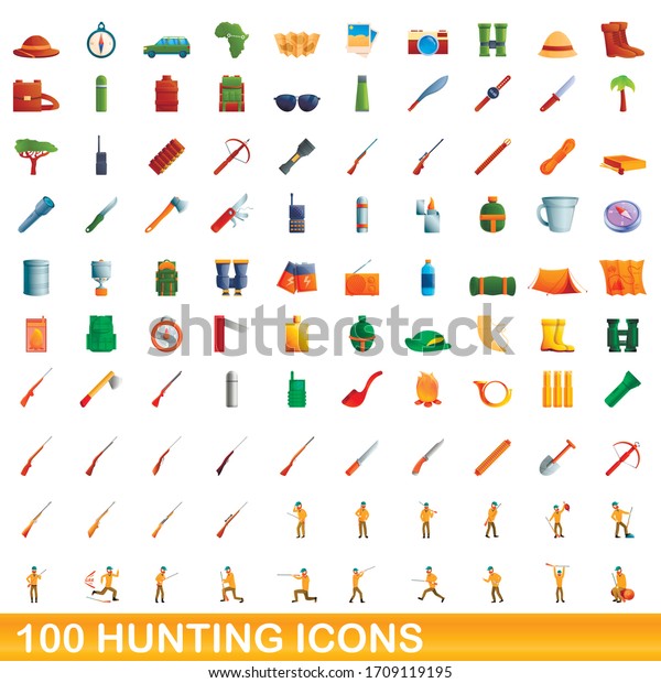 100 hunting icons set.\
Cartoon illustration of 100 hunting icons vector set isolated on\
white background