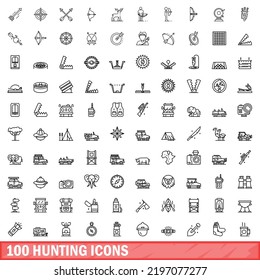 100 hunting icons set. Outline illustration of 100 hunting icons vector set isolated on white background