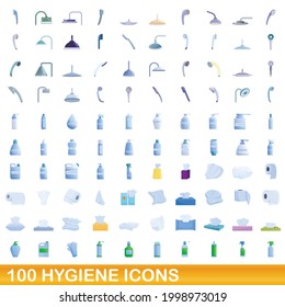 100 hygiene icons set. Cartoon illustration of 100 hygiene icons vector set isolated on white background