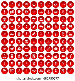 100 hygiene icons set in red circle isolated on white vector illustration