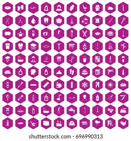 100 hygiene icons set in violet hexagon isolated vector illustration