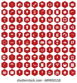 100 ice cream icons set in red hexagon isolated vector illustration