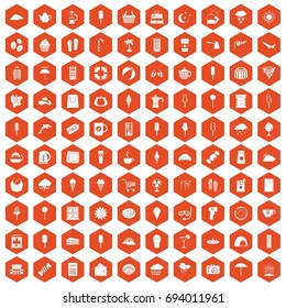 100 ice cream icons set in orange hexagon isolated vector illustration