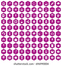 100 ice cream icons set in violet hexagon isolated vector illustration